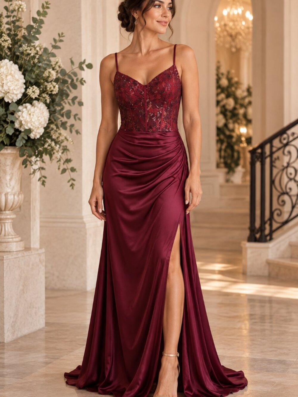 Galina Signature Gown Womens 12 Burgundy Lace Sequin Boned Corset Formal Dress